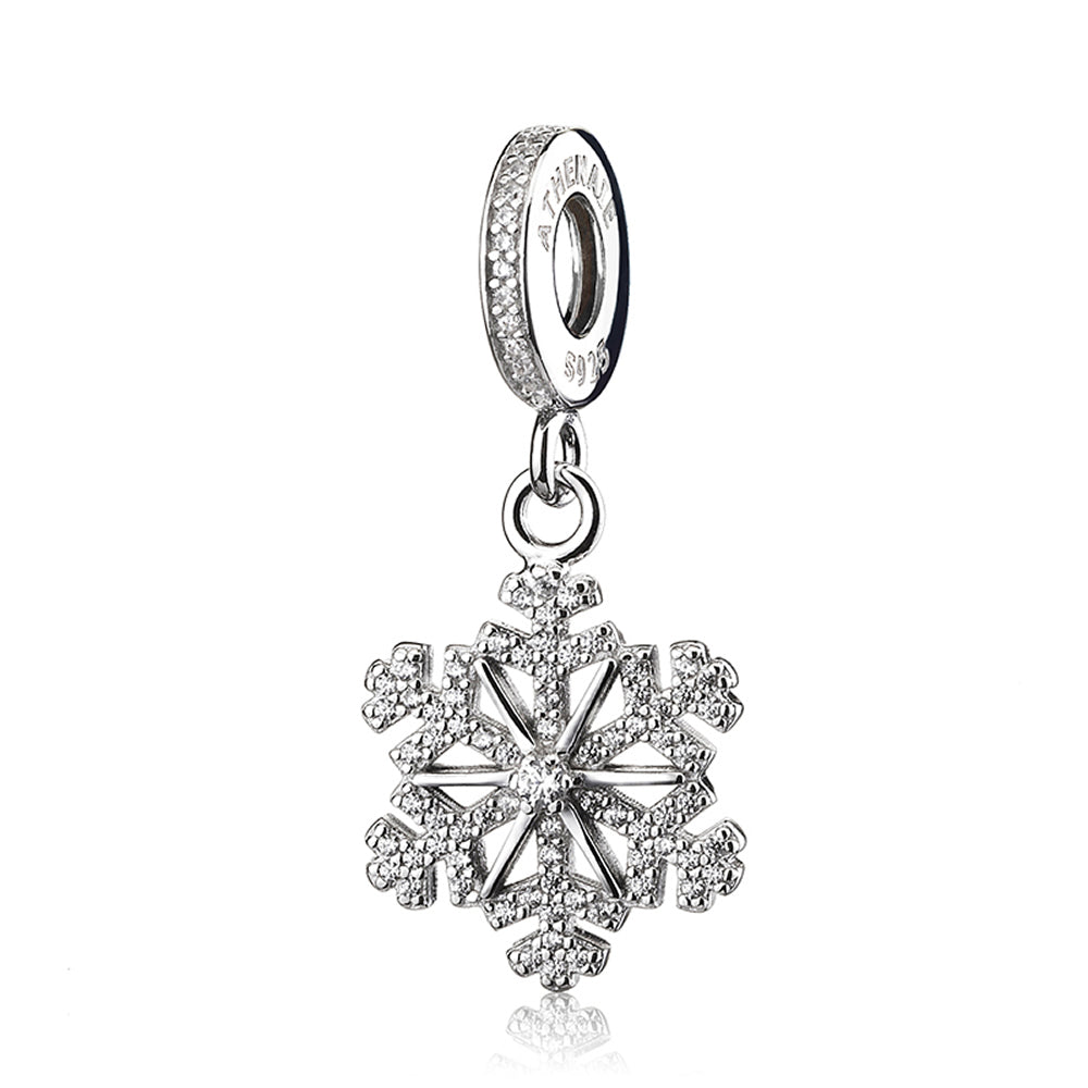 Winter Sparkle CZ snowflake pendant charm in 925 silver, front view.