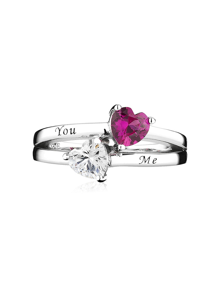 You and me heart ring in sterling silver front view